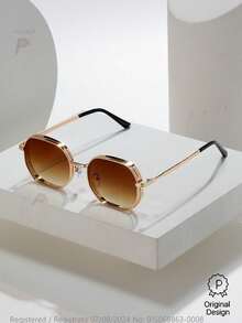 015068863-0009-SX2358 1pc Men/Women's Metal Geometric Glasses, Fashionable Street Style Indoor/Outdoor Glasses In Black, Gold, Silver, Brown, Suitable For All Seasons, Thick Frame With Ventilation Holes Design, Includes PU Leather Or Cardboard Glasses Case (Random) - Vàng - Xem 8