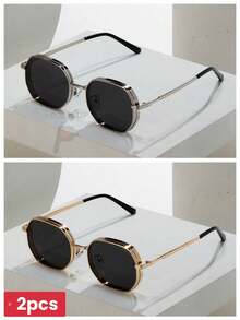 015068863-0009-SX2358 2 piezas Gafas de moda unisex de estilo geométrico metálico, gafas de estilo callejero moderno para interiores y exteriores, en negro/oro/plata/marrón, adecuadas para todas las estaciones - 1*marco dorado/todo gris + 1*marco plateado/todo gris (sin caja) - Ver 10