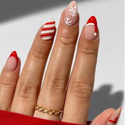 30 片圣诞压指甲，短杏仁形指甲，红色法式蝴蝶结条纹配雪花指甲，圣诞氛围假指甲设计，全覆盖光泽棒指甲，可重复使用的亚克力假指甲，适用于女士圣诞指甲装饰配件，雪花指甲设计：短杏仁形假指甲