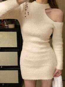 露肩纯色性感毛衣裙，约会必备 - 杏色 - 查看 2