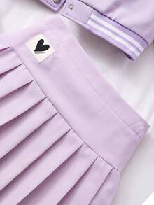 Tween Girl Letter Graphic Contrast Color Sporty Campus Style Baseball Jacket And Pleated Mini Skirt Casual Set - Purple - View 7
