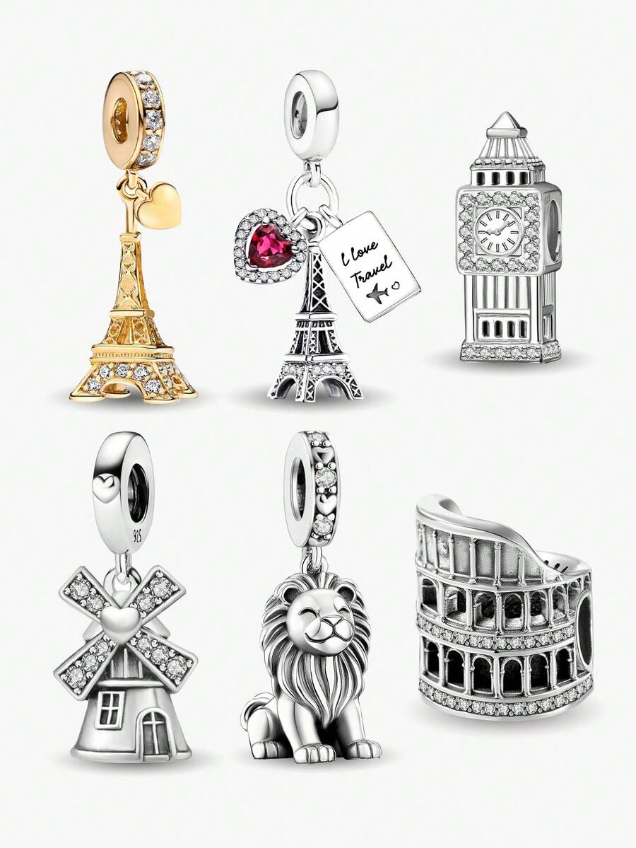 1PC 925 Sterling Silver Fashionable Leaning Tower Of Pisa Beads Charms Fit For Women Bracelets Bangles DIY Jewelry Making And Daily Outfit Matching Jewelry Decoration For Girls