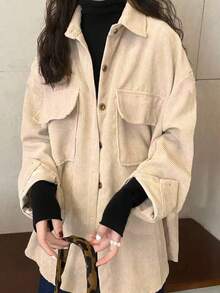 Women's Loose Fit Mid-Length Shacket, Korean Style, Spring/Autumn - Apricot - View 3