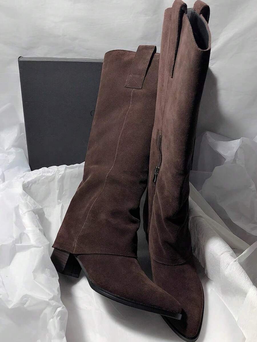 Giày bốt cao đến giữa bắp chân, mũi nhọn, gót nhọn, da lộn, khóa kéo bên hông, kiểu dáng chữ V ôm vừa vặn, đa năng, tuyệt đẹp, phù hợp cho nữ, giày bốt cao đến giữa bắp chân, giày bốt ống rộng, mùa thu, mùa đông, mùa thu, giày bốt gót mèo, dự tiệc - màu nâu - Xem 1