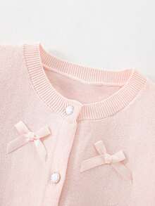 Girls' Cute Solid Color Knitted Cardigan With Bow, Casual Round Neck Long Sleeve Sweater Jacket, Autumn/Winter - Baby Pink - View 4