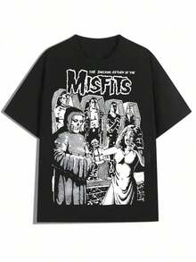 Black And White Misfits Illustration Design,Casual Print,Comfortable And Versatile,Pure Cotton 220g Printed T-Shirt,Unisex Style - 黑色 - 查看 1