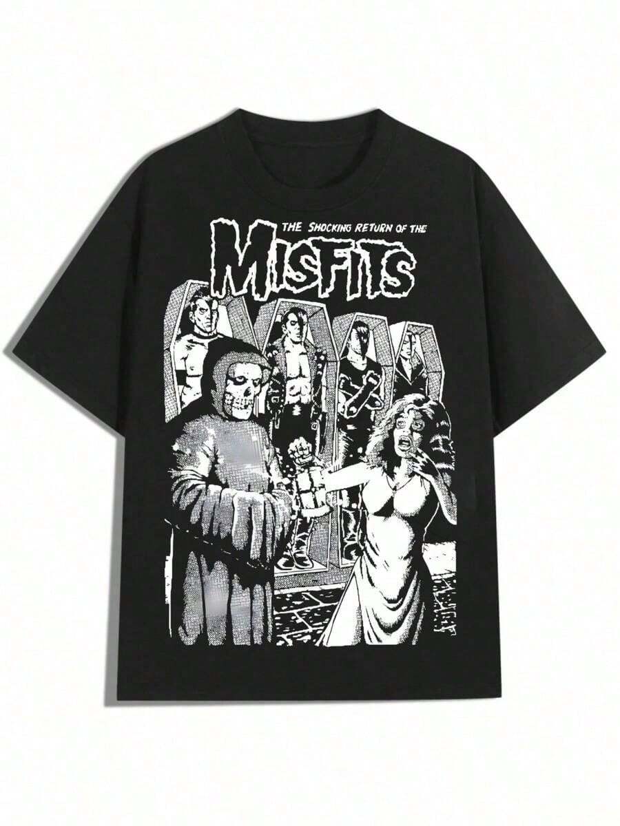 Black And White Misfits Illustration Design,Casual Print,Comfortable And Versatile,Pure Cotton 220g Printed T-Shirt,Unisex Style - 黑色 - 查看 1