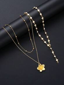 2pcs Fashionable Minimalist Flower Pendant Faux Pearl Y-Necklace, Layered Necklace For Women, Suitable For Vacation, Date, Party, Festival, Birthday, Daily Wear - Yellow Gold - View 4
