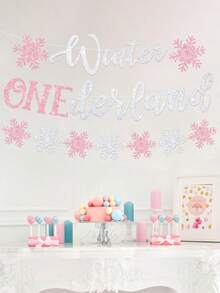 3pcs Pink, Blue Glitter Winter Onederland 1st Birthday Decorations, Winter Onederland Backdrop Banner, Snowflakes, Winter Wonderland, Frozen Theme Birthday, Shower, Winter, Christmas, New Year Party Supplies - Pink - View 6