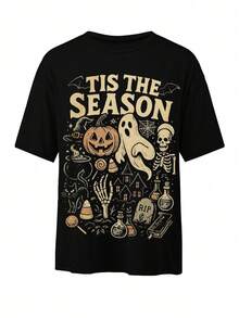 Women Loose T-Shirt, Casual, Minimalist, Sporty, Outdoor, Daily, Versatile, Halloween Elements, Cartoon, English Letter, Pumpkin, Ghost