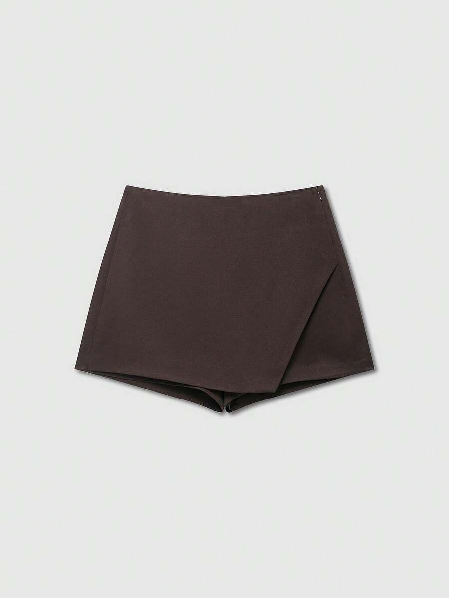 Women's Fashion Casual Solid Asymmtrical Wrap Shorts Skirts, Minimalist And Fashionable Skirt Pants - Dark Brown - View 1