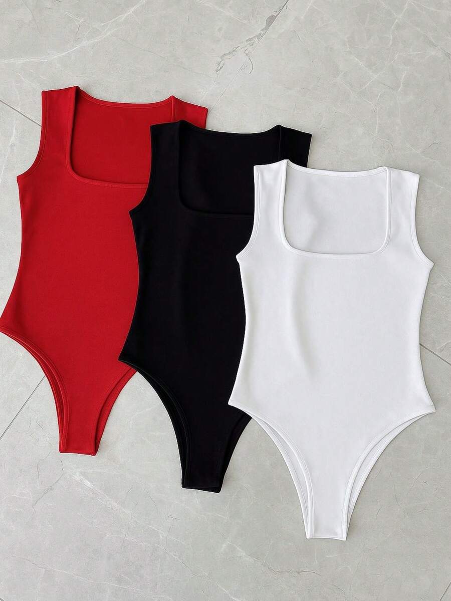 3-Piece Basic Bodysuit, Square Neckline, Wide Straps, Versatile Shapewear, Casual, Suplex, Fashion, Gringa Blogger - 白-黑-紅 - 查看 1