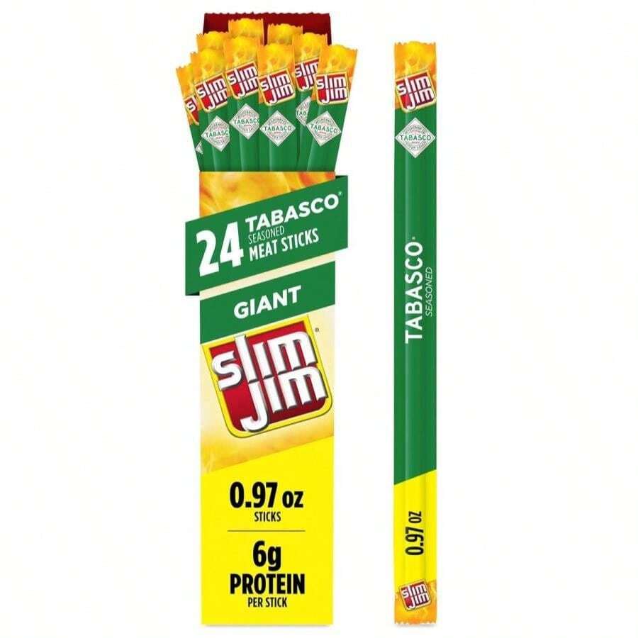 Slim Jim Giant Smoked Meat Sticks, Tabasco Flavor, 6g Protein Per Stick, Camping Snack, 097 Oz (24 Count) - Flavor NameA - 查看 1