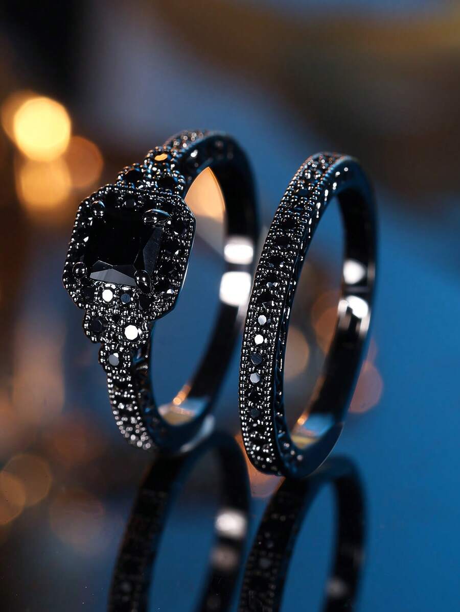 2 Pcs/Set Exquisite All-Black Cubic Zirconia Halloween-Style Women's Ring Set Designed For Women Halloween Jewelry Women's Jewelry Gift - Black - View 1