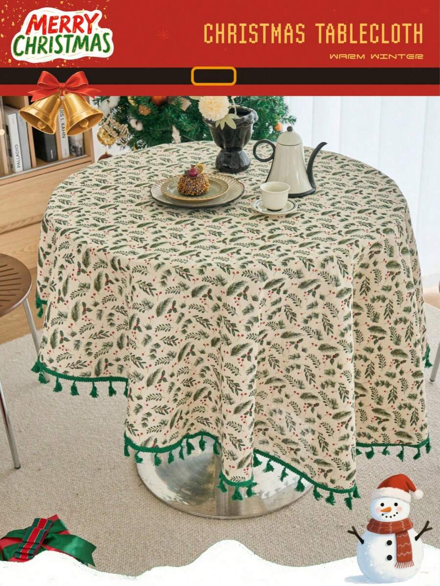 1pc Christmas Round Printed Tablecloth, Gold Foil Green Pine Branch Pattern, Fringed Kitchen Dining Table Decor Cloth For Christmas Holiday Family Gathering Party, Home Decoration