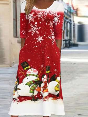 Vestido casual y elegante de estilo versátil para vacaciones de mujer. Vestido largo de manga larga con diseño de muñeco de nieve, copo de nieve y pingüino, de moda para Navidad, apropiado para salidas diarias en otoño/invierno