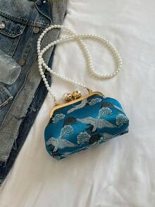 Túi xách dây xích ngọc trai vải xanh cổ điển mới, Túi đeo vai đa năng cho quý cô dự tiệc và tụ tập - Màu xanh lam - Xem 8