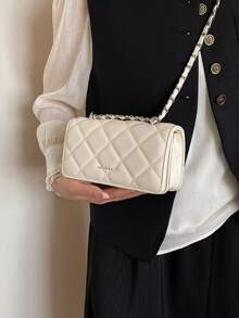 Bolso de mano con cadena de rombos en miniatura, diseño minimalista de bolso bandolera, elegante para ir al trabajo - Beis - Ver 6