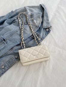 Bolso de mano con cadena de rombos en miniatura, diseño minimalista de bolso bandolera, elegante para ir al trabajo - Beis - Ver 9