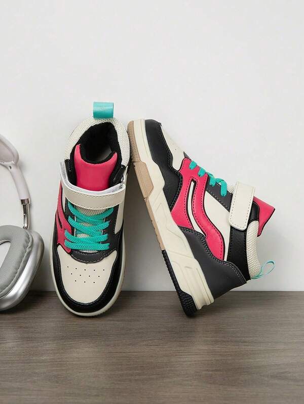 1 Pair Kids High Top Casual Fashion Sneakers, Color Block Design, Lightweight & Comfortable, Suitable For Outdoor, Running, Children & Teenagers