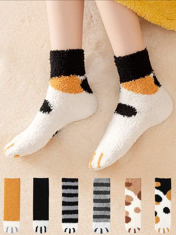 Children's Socks 12-16 Years Boys Girls Students Plush Winter Funny Cute Style Socks Animal Cat Paw Cartoon Pattern Socks Super Soft For House Sleeping Floor Sox