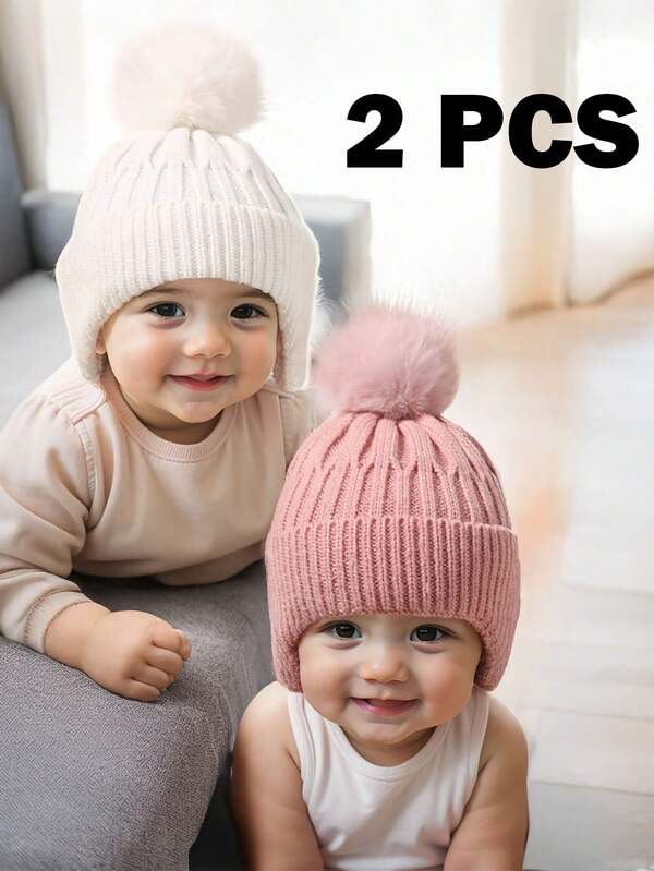 2pcs Baby Boy Girls Pom-Pom Beanie, Baby Beanie Hat, Infant Newborn Toddler Winter Warm Knit Cap For Little Boys Girls, Winter Warm Hat