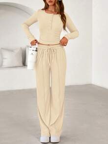 PRETTYGARDEN Women's Spring Fall 2 Piece Outfits Lounge Sets Long Sleeve Top Henley Shirts Wide Leg Pants Travel  Sweatsuit Set Women Clothes Home Clothes Going Out Outfits Sports Valentine Vacation Outfit For Women - 米色 - 查看 5