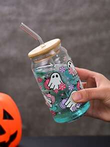 1pc Halloween Soda Cup High Borosilicate Glass Straw Cup Bamboo Lid Water Cup Heat Resistant Ins Style Glass Cup