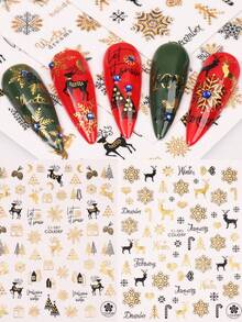 5Pcs Christmas Gold Nail Stickers, Self-Adhesive Metallic Nail Art Decals With Snowflake, Xmas Tree, Reindeer, Snowman & Winter Letter Pattern, Holiday DIY Manicure Decorations Supplies - Multicolor - View 10