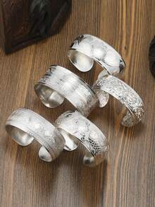 Vòng tay bản rộng bạc cổ điển phong cách Boho, thiết kế hoa văn chạm khắc dành cho nữ, trang sức thời trang đa năng phong cách Bohemian retro. - Màu Bạc Cổ - Xem 7