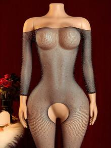 Sexy Lingerie, Fishing Net Teddy Jumpsuit With Shiny Rhinestones, Hollow Semi Transparent Sexy Crotch Pantyhose, Women's Sexy Lingerie, Suitable For Intimate Nights, Valentine's Day Gifts, Wedding Nights, Sexy Lingerie, Jumpsuit Design, Romantic Clothing, Sexy Clothing, Fishing Net Pattern, Transparent Underwear, Elastic Fabric, High-Quality Lace, Thin Jumpsuit, Women's Jumpsuit, Women's Fashion, Bride's Dress - Multicolor - View 3