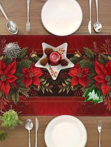 1pc Christmas Tablecloth Table Runner - Elegant Red Poinsettia Floral Pattern With Green Leaves & Berries, Sturdy Rectangular Holiday Table Cover For Dining, Kitchen, Party Decor - Easy-Clean & Spill-Proof - Perfect For Christmas, New Year's, Everyday Use, Seasonal Home Decoration, Festive Design, Durable Fabric, Decorative Tabletop, Festive Decorators(13x35.4/47.2/63/72/78.7 Inches),