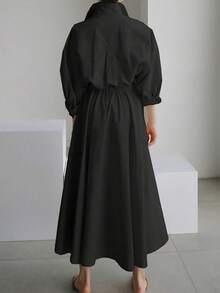 2026/新年女士加大码黑色梭织面料长袖褶裥纽扣前襟中长衬衫裙，领口设计，优雅别致，情人节，“做我的宝贝” - 黑色 - 查看 4