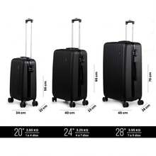 Juego de Maletas De Viaje Rígidas 3 Piezas \u2013 Maletas ABS Resistente Color Negro \u2013 Ruedas Giratorias 360° \u2013 Tamaños 20\u201D, 24\u201D, 28\u201D \u2013 Candado de  \u2013 6 Bolsas de Viaje \u2013 Identificador