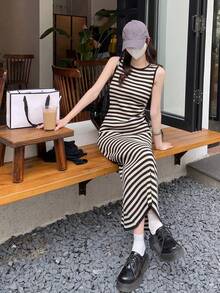 女士休闲条纹侧抽绳无袖针织连衣裙，春夏 - 黑與白 - 查看 5