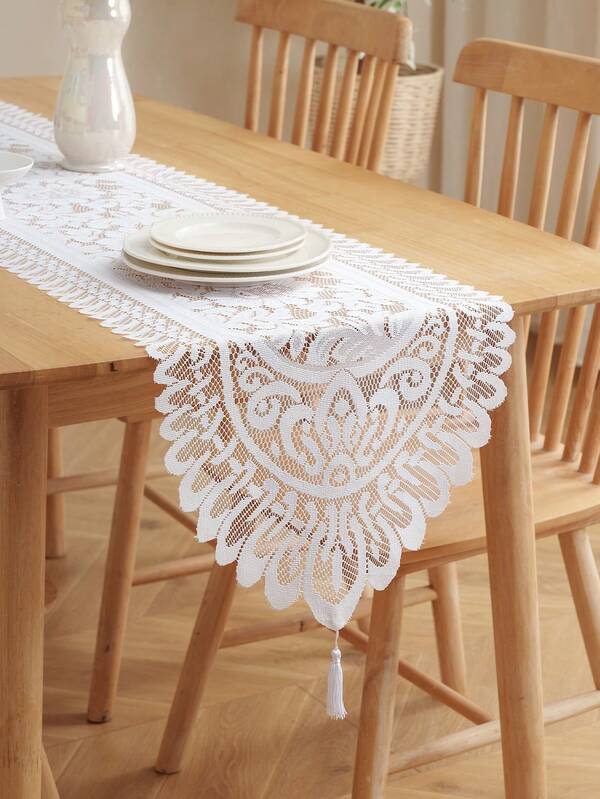 1pc Vintage Floral Lace Tassel Table Runner, Decorative For Living Room, Kitchen, Dining Table