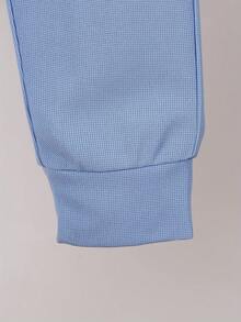 2 件儿童/男童校园风格千鸟格 Polo 领长袖 T 恤和松紧腰裤套装，秋季 - 藍白色 - 查看 7