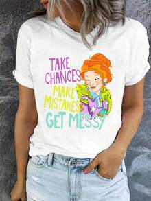 Cotton Unisex Round Neck Short-Sleeve T-Shirt With "Take Chances Make Mistakes Get Messy" Retro Cartoon Graphic - Basic Tees For Summer Women's Tops - 白色 - 查看 1
