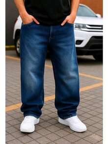 Dazzling Men's Original Plus Size Wide Leg Jeans - 黑暗的 - 查看 1