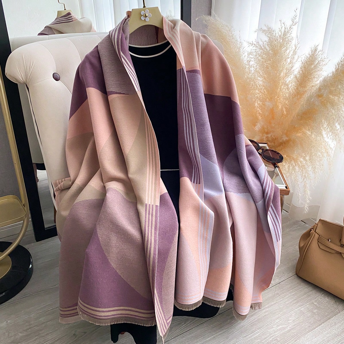 1pc Women Reversible Faux Cashmere Colorblock Pattern Scarf, Fashion Versatile Blanket Shawl Wrap, Thick Warm For Daily Use In Air-Conditioned Rooms, Autumn/Winter For Dress