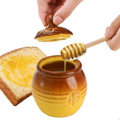 Porzellan Honigglas, Keramik Honigglas mit Holzlöffel und Deckel, kleines Porzellan Honigglas, geprägtes gelbes Honigglas, Vorratsbehälter für die Küche