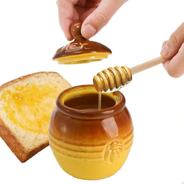 Porzellan Honigglas, Keramik Honigglas mit Holzlöffel und Deckel, kleines Porzellan Honigglas, geprägtes gelbes Honigglas, Vorratsbehälter für die Küche