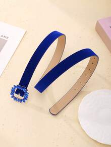 1pc Sapphire Blue Rhinestone Buckle Velvet Women's Belt, Casual Fashionable Versatile Accessory Suitable For Dresses, Parties, Gatherings With Friends - Blue - View 3