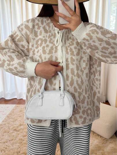 플러스 사이즈 여성용 플러스 사이즈 가을 겨울 패션 솔리드 컬러 출퇴근 레트로 심플 프렌치 리본 보우 레오파드 프린트 물방울 무늬 긴소매 스웨터 가디건