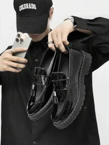 Men's Casual Thick Sole Slip-On Increased Height Solid Black Leather Shoes, Student Flat Shoes, Formal Business Shoes, Fringe Casual Work Boots Wedding Accessories