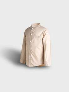 小男孩简约白色圆领长袖衬衫，百搭返校装，四季皆宜 - 卡其色 - 查看 4