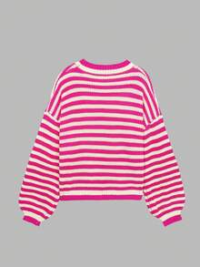 女士宽松针织圆领长袖套头毛衣，条纹撞色，粉色，秋冬款 - 彩色 - 查看 8