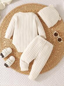 Unisex Baby Jumpsuit, Neugeborenen Langarm Romper mit Mütze + Hose, gerippter neutraler Outfit, Babybekleidung für den Winter, geeignet für Baby Jungen und -mädchen, Alltagskleidung