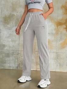 街头风灰色抽绳高腰字母印花灯芯绒直筒口袋裤，休闲舒适秋季女装 - 淺灰色 - 查看 5