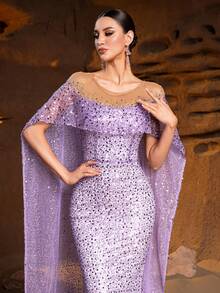 Luxury Lavender Sequined & Crystal Embellished Mermaid Gown - Sheer Cape Sleeves With Deep V Neck For Red Carpet Events, Opera Galas And Charity Balls